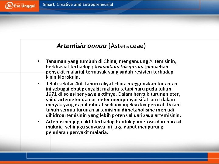 Artemisia annua (Asteraceae) • • • Tanaman yang tumbuh di China, mengandung Artemisinin, berkhasiat