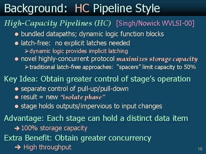 Background: HC Pipeline Style High-Capacity Pipelines (HC) [Singh/Nowick WVLSI-00] l bundled datapaths; dynamic logic