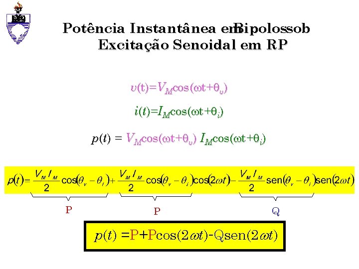 Potência Instantânea em Bipolossob Excitação Senoidal em RP v(t)=VMcos( t+ v) i(t )=IMcos( t+