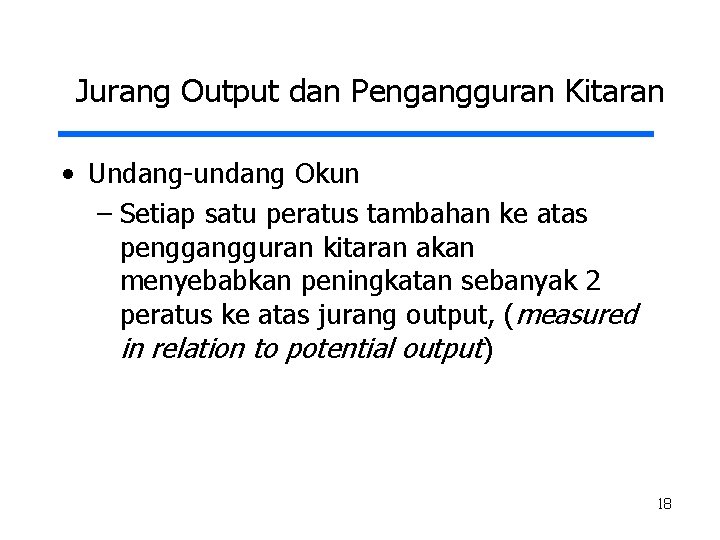 Jurang Output dan Pengangguran Kitaran • Undang-undang Okun – Setiap satu peratus tambahan ke