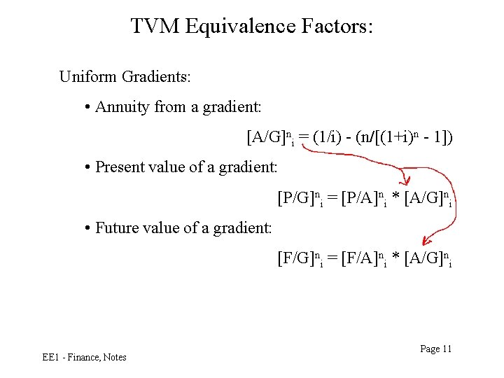 TVM Equivalence Factors: Uniform Gradients: • Annuity from a gradient: [A/G]ni = (1/i) -