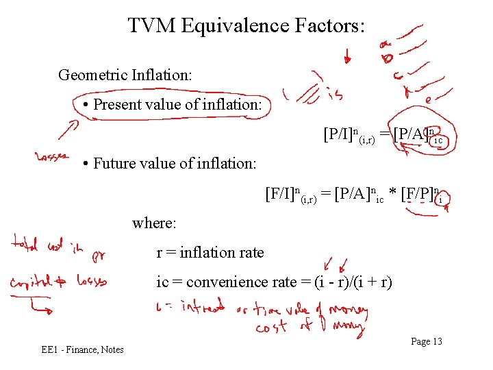 TVM Equivalence Factors: Geometric Inflation: • Present value of inflation: [P/I]n(i, r) = [P/A]nic