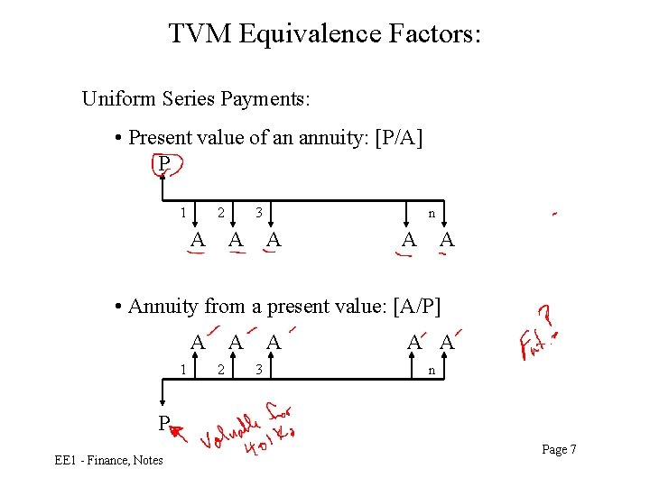 TVM Equivalence Factors: Uniform Series Payments: • Present value of an annuity: [P/A] P