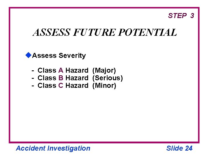 STEP 3 ASSESS FUTURE POTENTIAL u. Assess Severity - Class A Hazard (Major) -