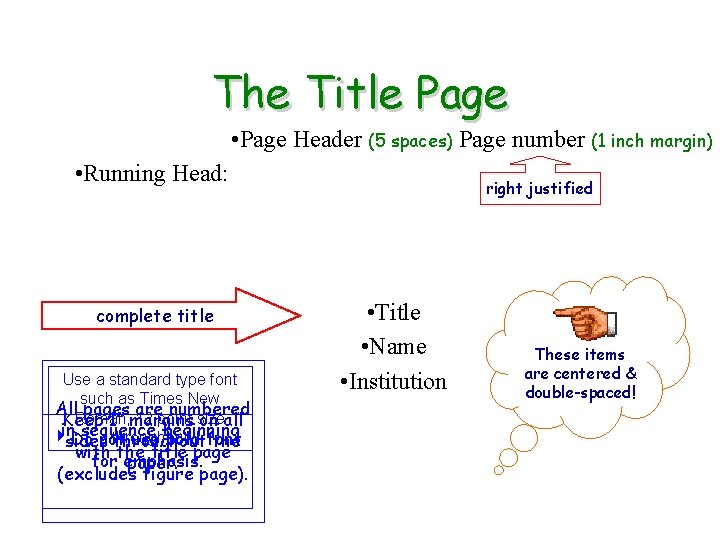 The Title Page • Page Header (5 spaces) Page number (1 inch margin) •