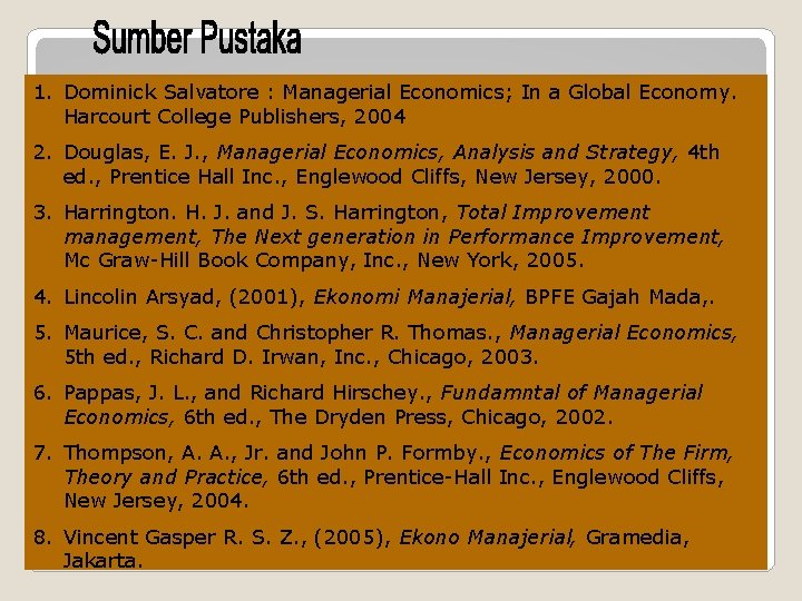 1. Dominick Salvatore : Managerial Economics; In a Global Economy. Harcourt College Publishers, 2004