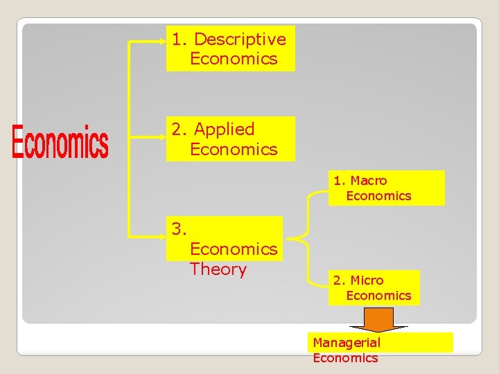 1. Descriptive Economics 2. Applied Economics 1. Macro Economics 3. Economics Theory 2. Micro