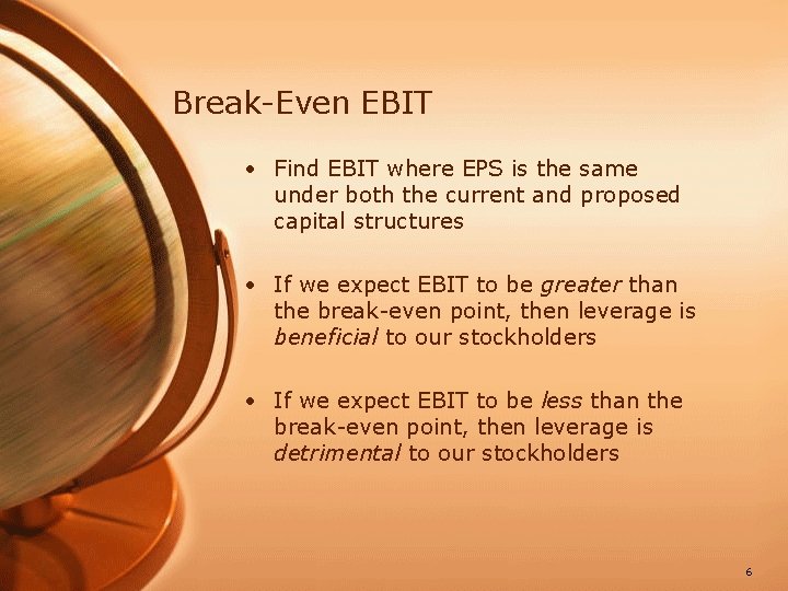 Break-Even EBIT • Find EBIT where EPS is the same under both the current