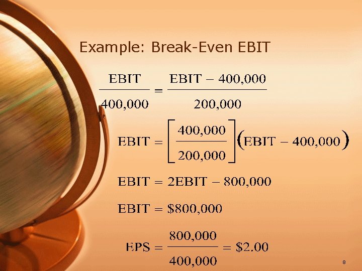 Example: Break-Even EBIT 8 