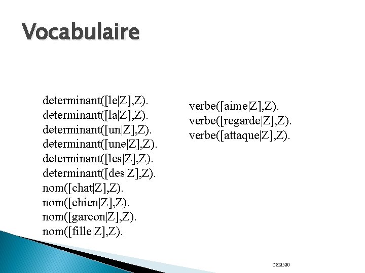 Vocabulaire determinant([le|Z], Z). determinant([la|Z], Z). determinant([une|Z], Z). determinant([les|Z], Z). determinant([des|Z], Z). nom([chat|Z], Z). nom([chien|Z],