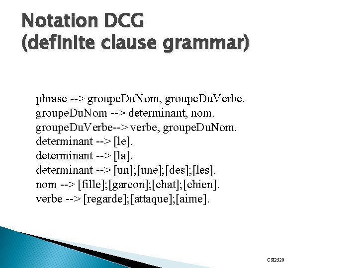 Notation DCG (definite clause grammar) phrase --> groupe. Du. Nom, groupe. Du. Verbe. groupe.