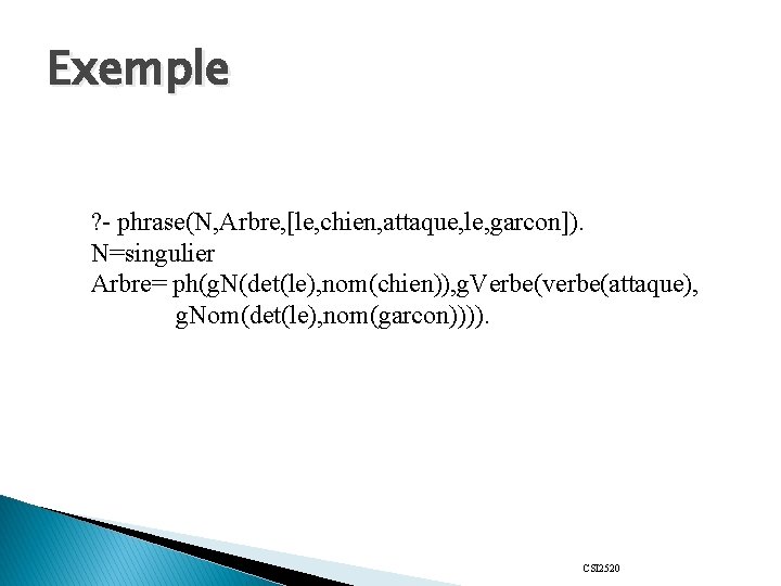 Exemple ? - phrase(N, Arbre, [le, chien, attaque, le, garcon]). N=singulier Arbre= ph(g. N(det(le),