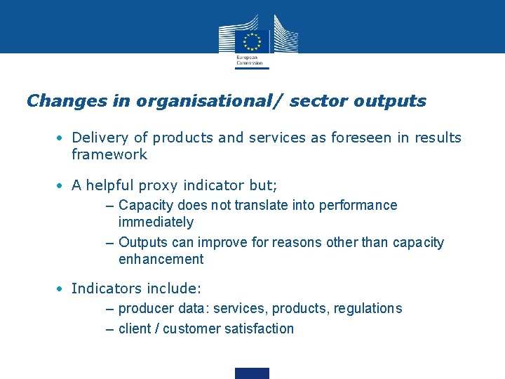 Changes in organisational/ sector outputs • Delivery of products and services as foreseen in