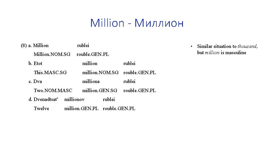 Million - Миллион (8) a. Million rublei Million. NOM. SG b. Etot This. MASC.