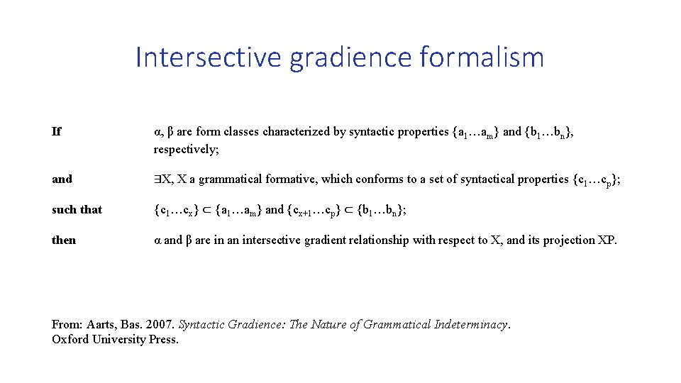 Intersective gradience formalism If α, β are form classes characterized by syntactic properties {a