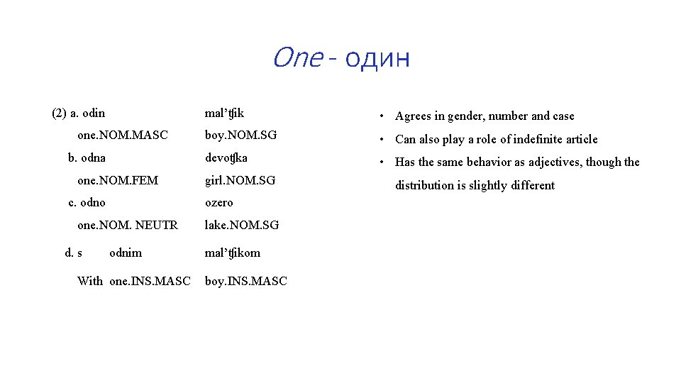 One - один (2) a. odin one. NOM. MASC b. odna one. NOM. FEM