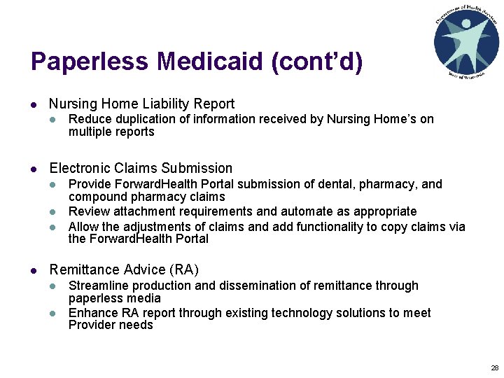 Paperless Medicaid (cont’d) l Nursing Home Liability Report l l Electronic Claims Submission l Paperless Medicaid (cont’d) l Nursing Home Liability Report l l Electronic Claims Submission l