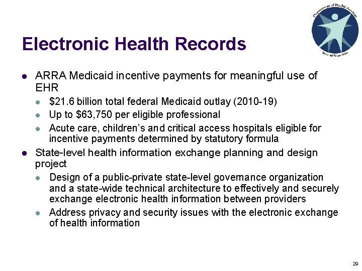 Electronic Health Records l ARRA Medicaid incentive payments for meaningful use of EHR l Electronic Health Records l ARRA Medicaid incentive payments for meaningful use of EHR l