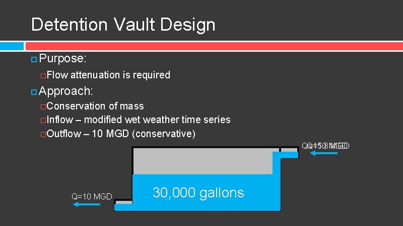 Detention Vault Design Purpose: �Flow attenuation is required Approach: �Conservation of mass �Inflow –