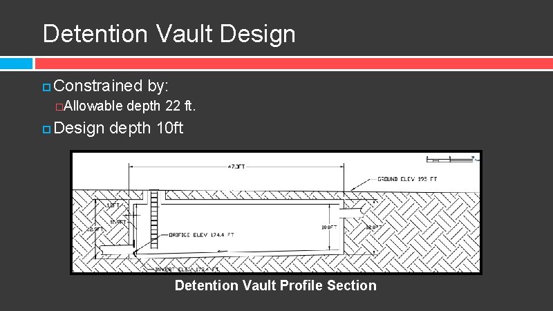 Detention Vault Design Constrained by: �Allowable depth 22 ft. Design depth 10 ft Detention