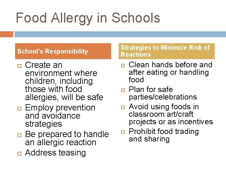 Food Allergy in Schools School’s Responsibility Create an environment where children, including those with