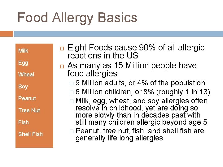 Food Allergy Basics Wheat Eight Foods cause 90% of allergic reactions in the US