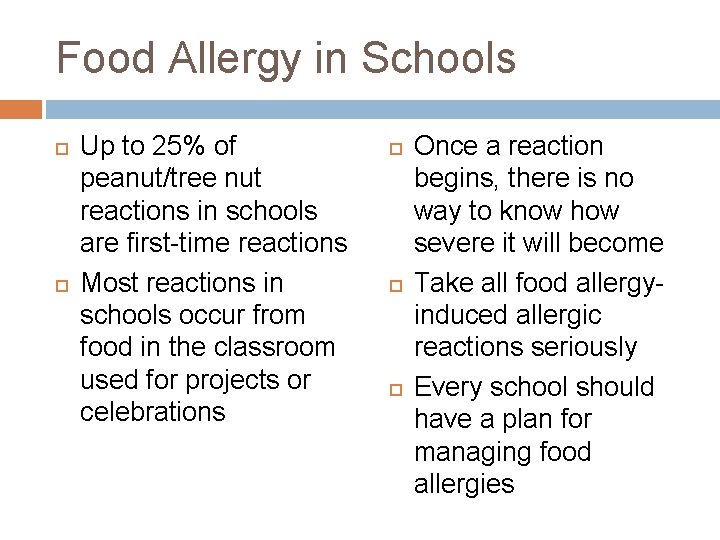 Food Allergy in Schools Up to 25% of peanut/tree nut reactions in schools are