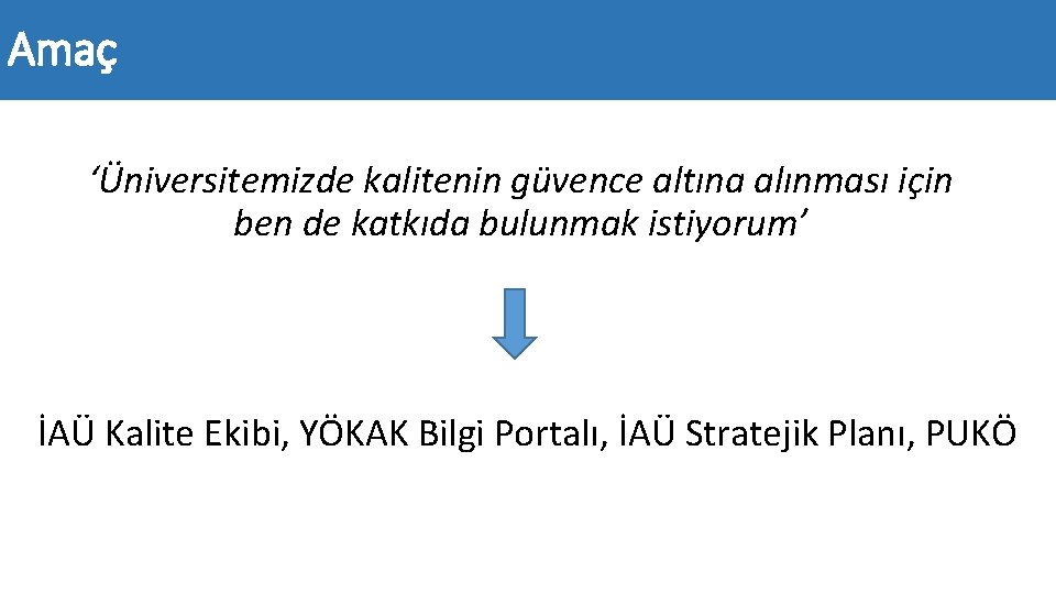 Amaç ‘Üniversitemizde kalitenin güvence altına alınması için ben de katkıda bulunmak istiyorum’ İAÜ Kalite