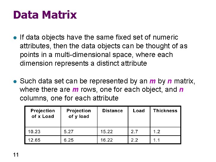 Data Matrix l If data objects have the same fixed set of numeric attributes,