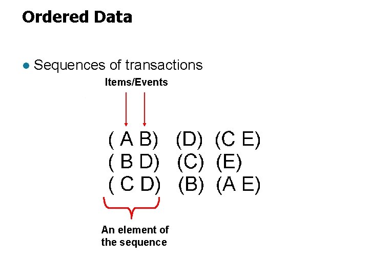 Ordered Data l Sequences of transactions Items/Events An element of the sequence 