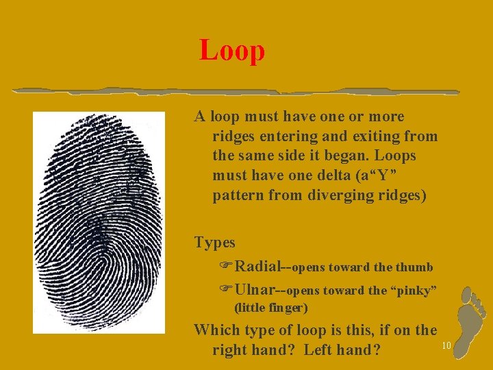 Loop A loop must have one or more ridges entering and exiting from the