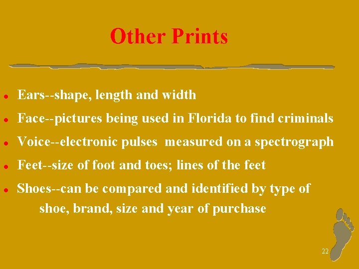 Other Prints l Ears--shape, length and width l Face--pictures being used in Florida to