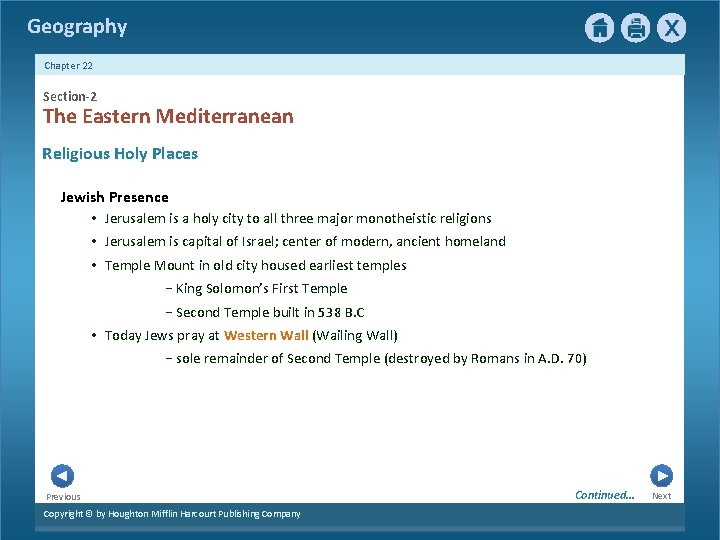 Geography Chapter 22 Section-2 The Eastern Mediterranean Religious Holy Places Jewish Presence • Jerusalem