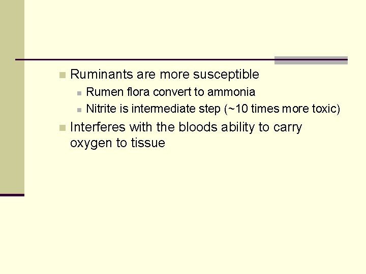 n Ruminants are more susceptible n n n Rumen flora convert to ammonia Nitrite