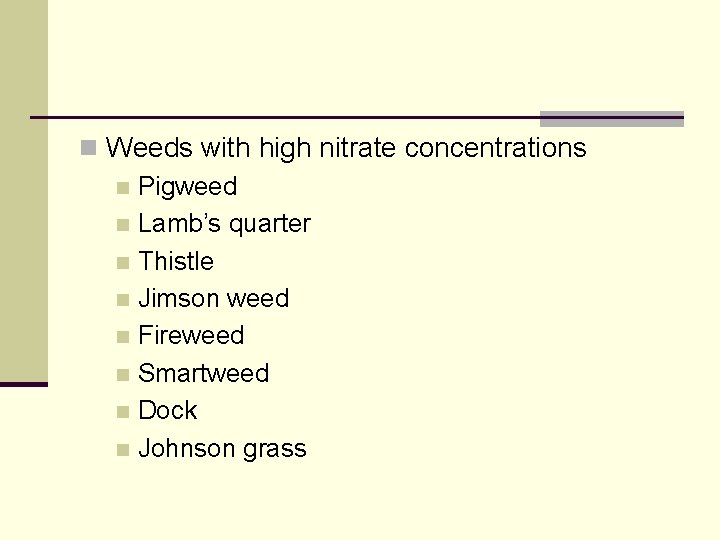 n Weeds with high nitrate concentrations n Pigweed n Lamb’s quarter n Thistle n