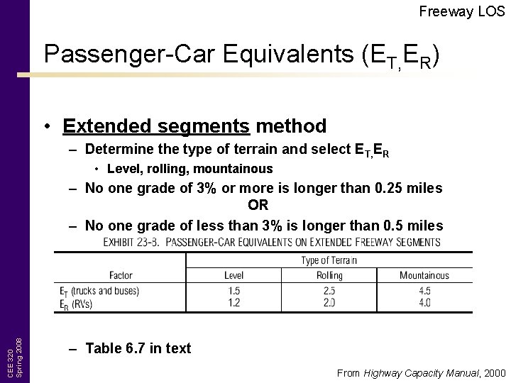 Freeway LOS Passenger-Car Equivalents (ET, ER) • Extended segments method – Determine the type