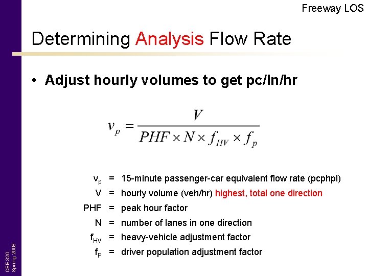 Freeway LOS Determining Analysis Flow Rate • Adjust hourly volumes to get pc/ln/hr vp
