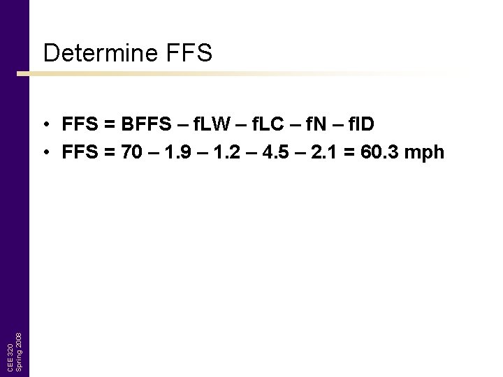 Determine FFS CEE 320 Spring 2008 • FFS = BFFS – f. LW –