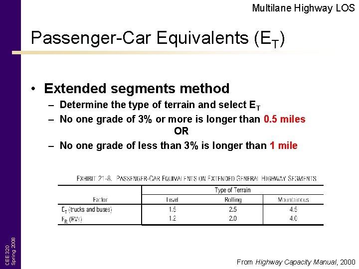 Multilane Highway LOS Passenger-Car Equivalents (ET) • Extended segments method CEE 320 Spring 2008