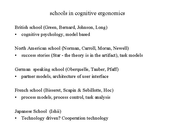 schools in cognitive ergonomics British school (Green, Bernard, Johnson, Long) • cognitive psychology, model