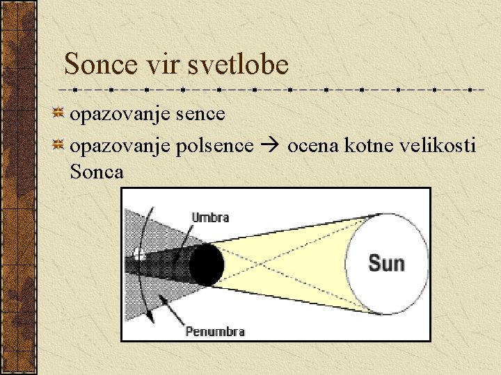 Sonce vir svetlobe opazovanje sence opazovanje polsence ocena kotne velikosti Sonca 