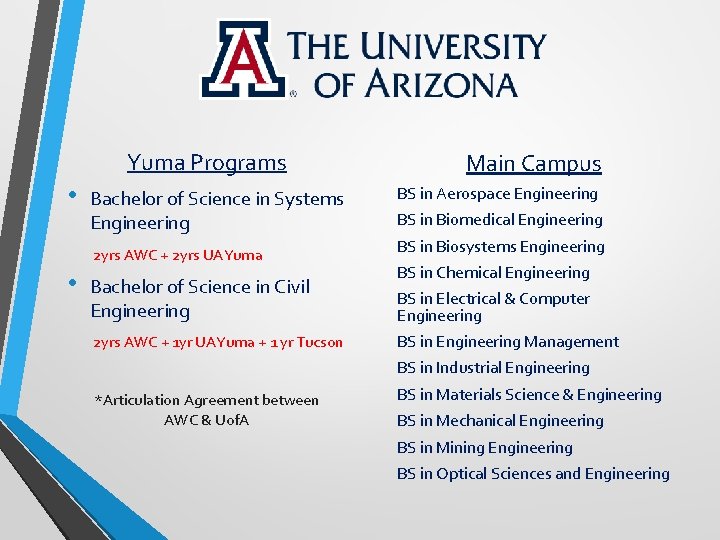 Yuma Programs • • Bachelor of Science in Systems Engineering Main Campus BS in