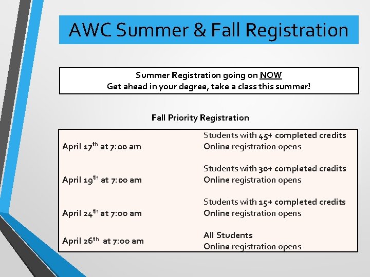 AWC Summer & Fall Registration Summer Registration going on NOW Get ahead in your