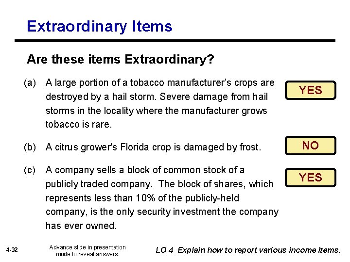 Extraordinary Items Are these items Extraordinary? 4 -32 (a) A large portion of a