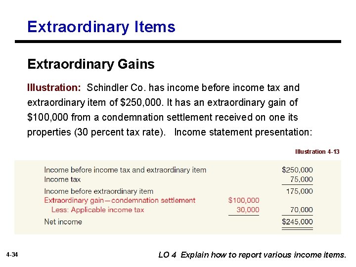 Extraordinary Items Extraordinary Gains Illustration: Schindler Co. has income before income tax and extraordinary