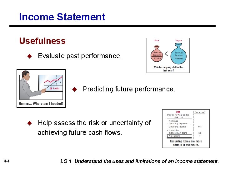 Income Statement Usefulness u Evaluate past performance. u u 4 -4 Predicting future performance.
