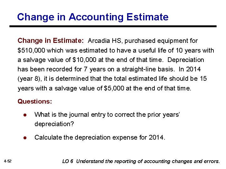 Change in Accounting Estimate Change in Estimate: Arcadia HS, purchased equipment for $510, 000