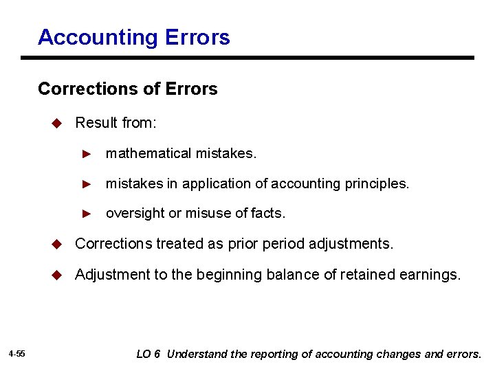 Accounting Errors Corrections of Errors u 4 -55 Result from: ► mathematical mistakes. ►
