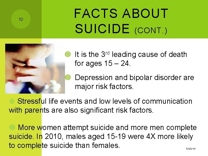10 FACTS ABOUT SUICIDE (CONT. ) It is the 3 rd leading cause of