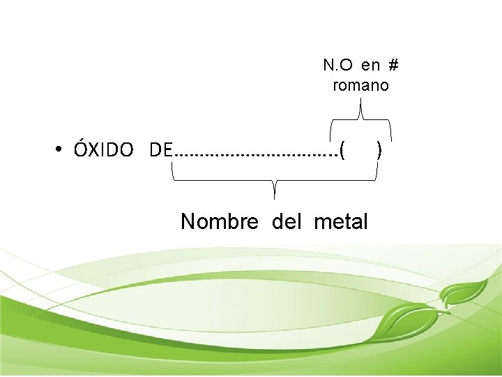 N. O en # romano • ÓXIDO DE……………. . ( Nombre del metal )